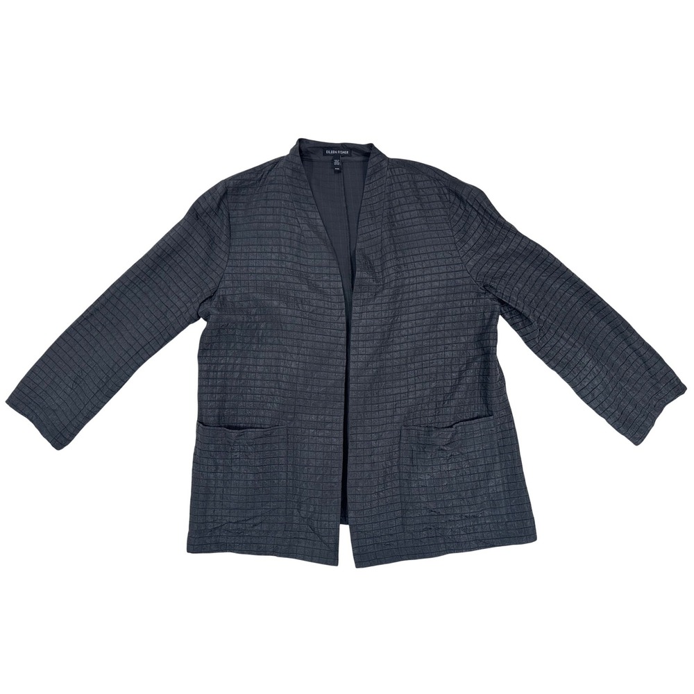EILEEN FISHER Silk Organic Cotton Grid‎ Textured Open Front Jacket Gray Medium